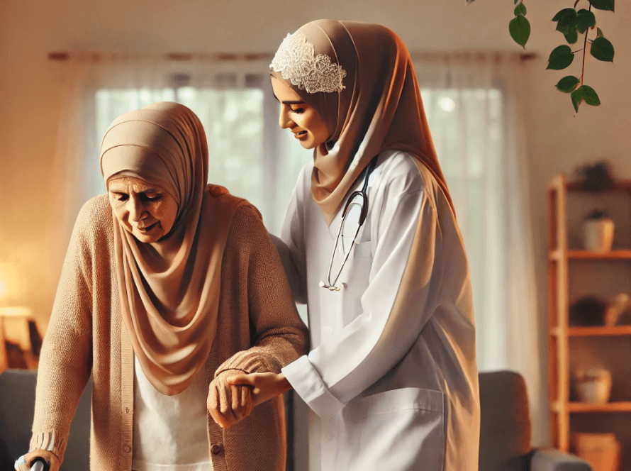 An Arab nurse wearing a hijab assisting an elderl