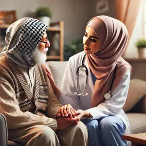 An Arab nurse wearing a hijab sitting with an eld